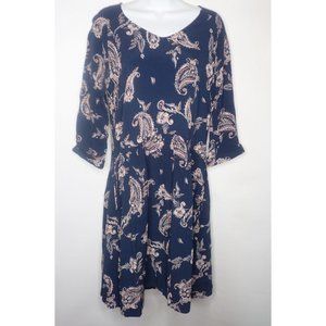 Garnet Hill Drop Waist‎ Dress Women 8 Black Paisley 3/4 Sleeve Pockets 33654